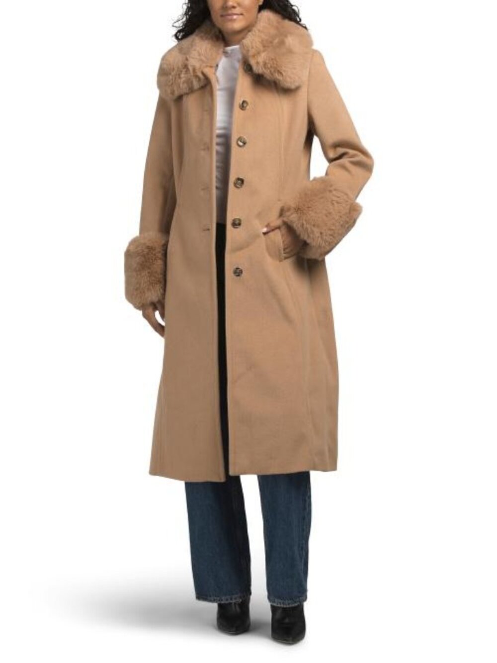 VINCE CAMUTO Single Breasted Maxi Coat With Detachable Faux Fur Collar And Cuffs
